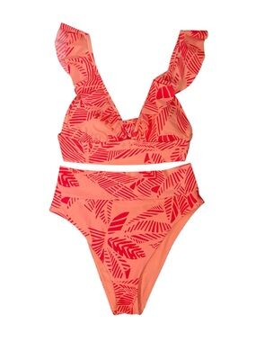 Aerie Size Large Coral Pink Tropical Ruffle Longline Bikini Set Beach Resortwear
